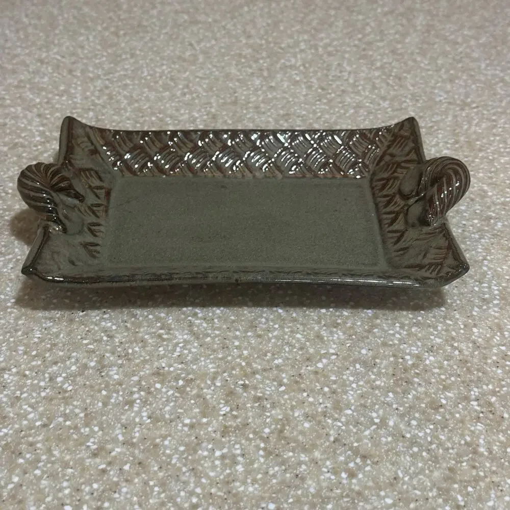 Thomas Pottery Basketweave Tray North Carolina Green Lead Free Handcrafted Dish